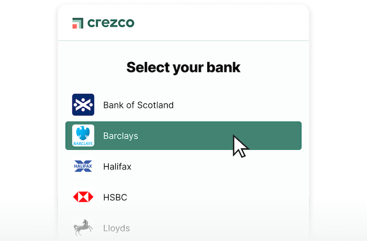 Select your bank with Crezco
